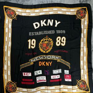Vtg DKNY 1989 Silk Scarf - Black & Gold Crest with NYC Street Signs